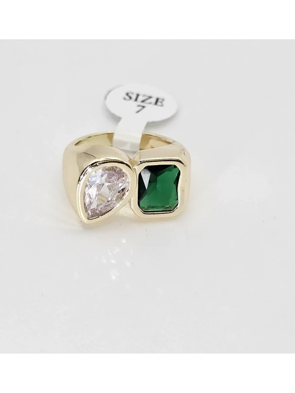 Emerald Green & Pear CZ Statement Ring Size 7 14K Gold Plated Chunky Pinky Ring